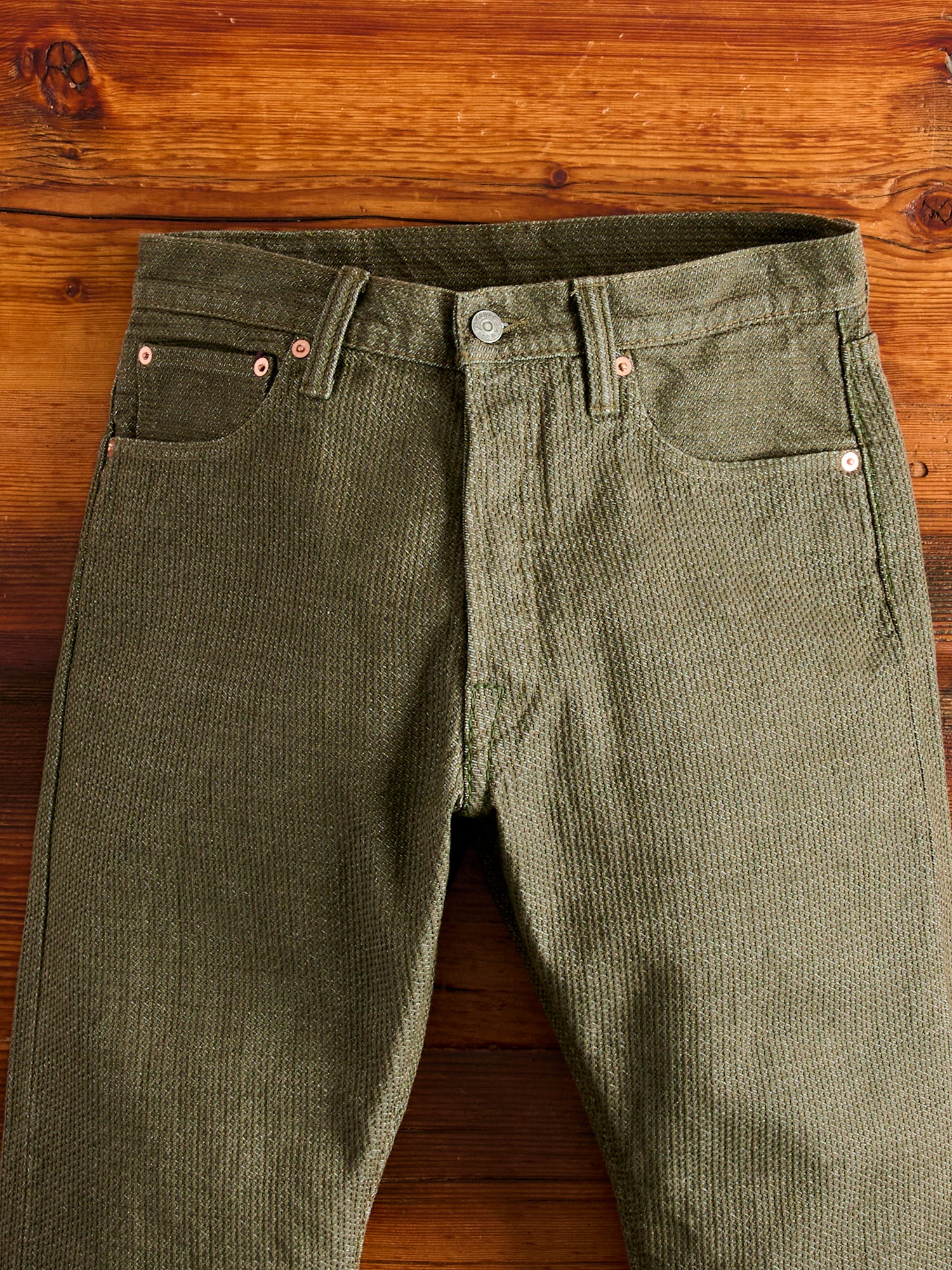 1170-2-OLV Olive Sashiko Denim - Relaxed Tapered Fit - Image 4