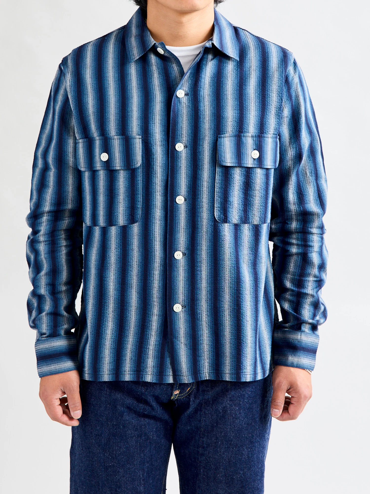 "Awa-Ai" Long Sleeve Shirt in Indigo Shijira Stripe - Image 2