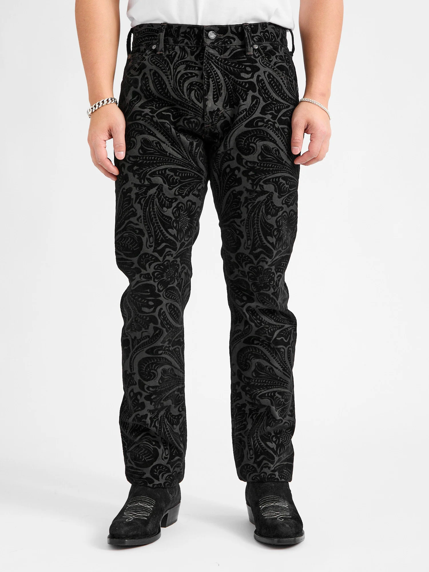 "Black Floral" 12oz Flocked Denim - High Slim Fit - Image 2