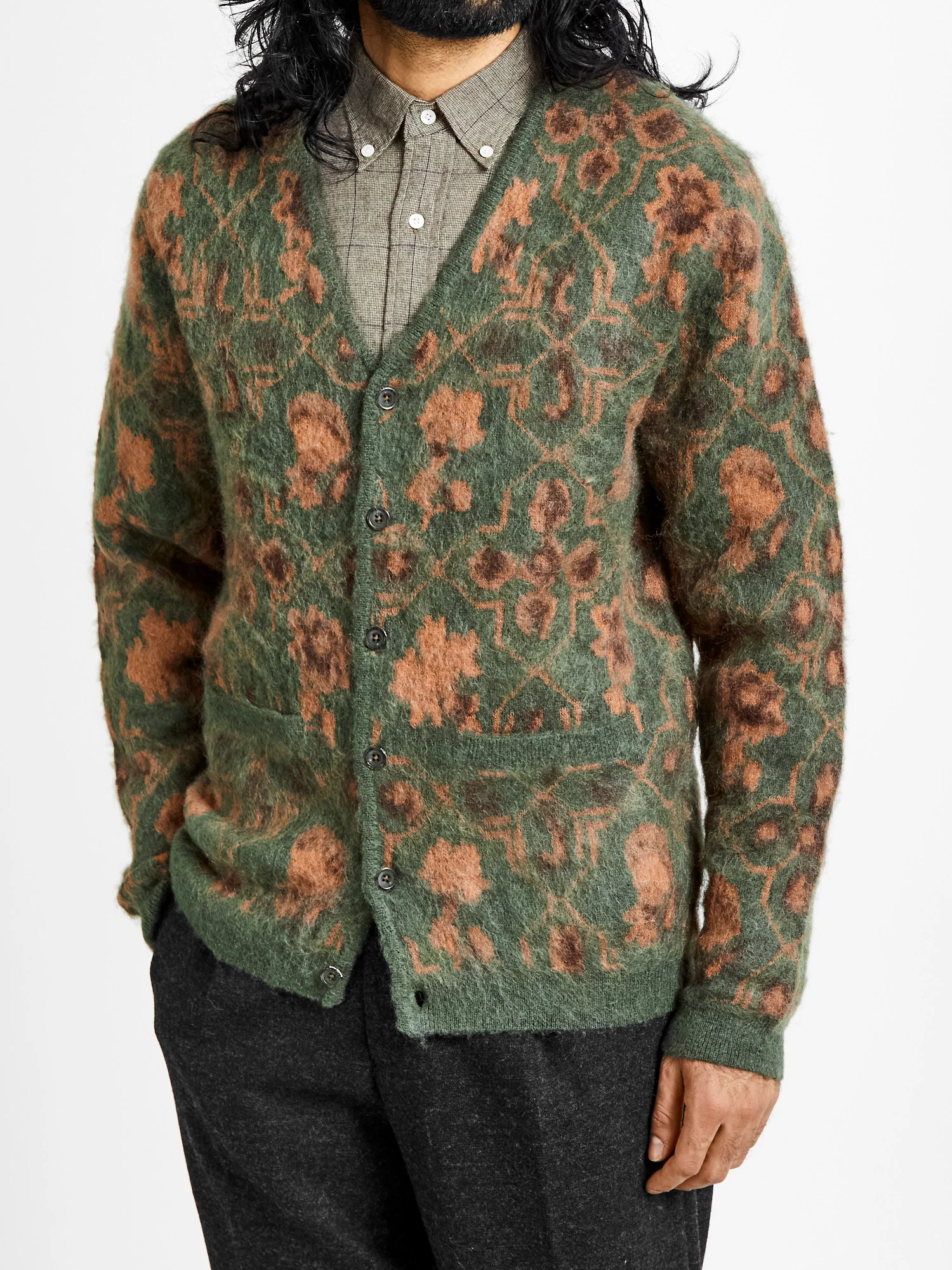 Botanical Pattern Jacquard Cardigan in Olive - Image 2