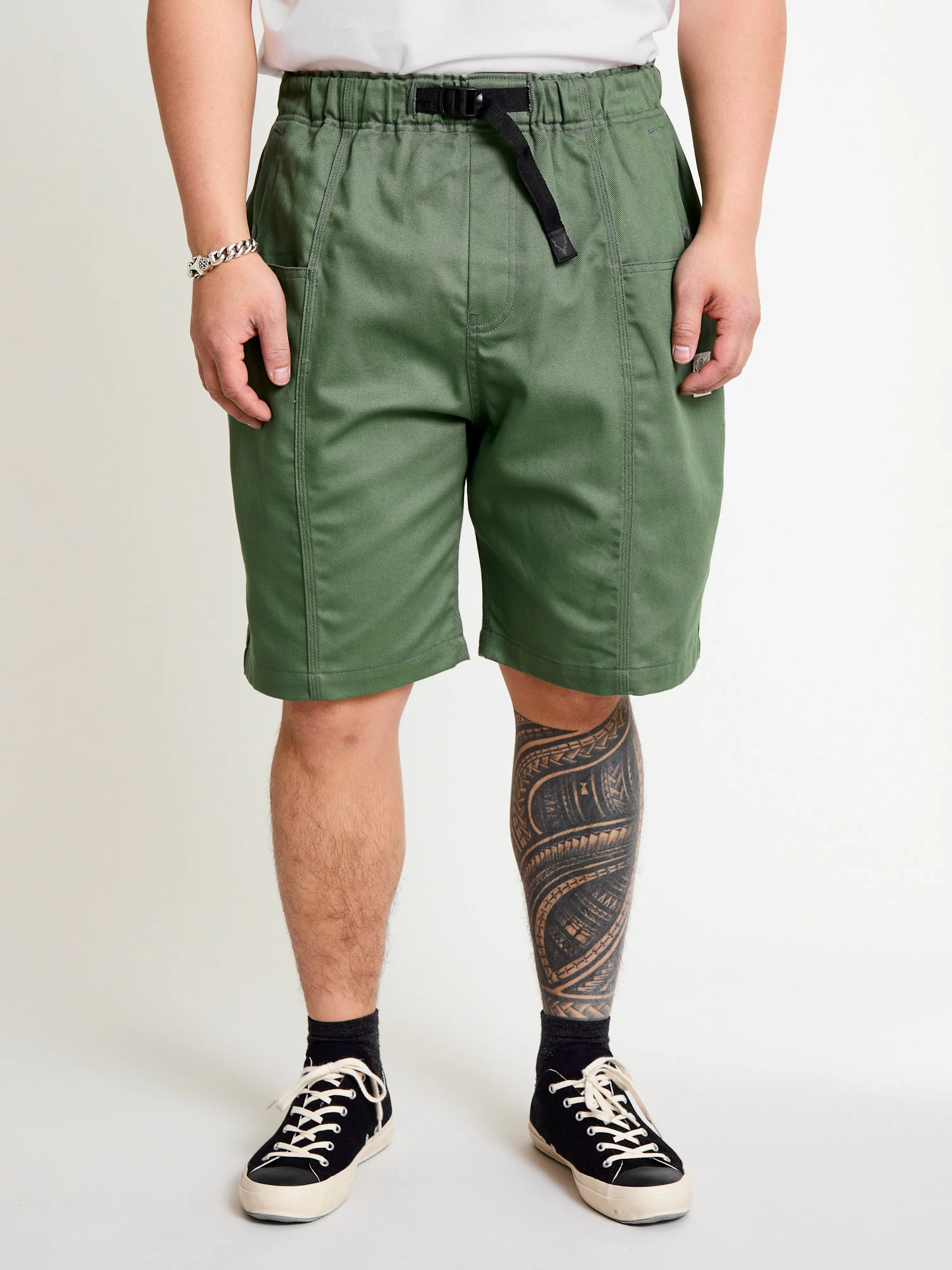 Cotton Twill Belted C.S Shorts in Moss Green - Image 2
