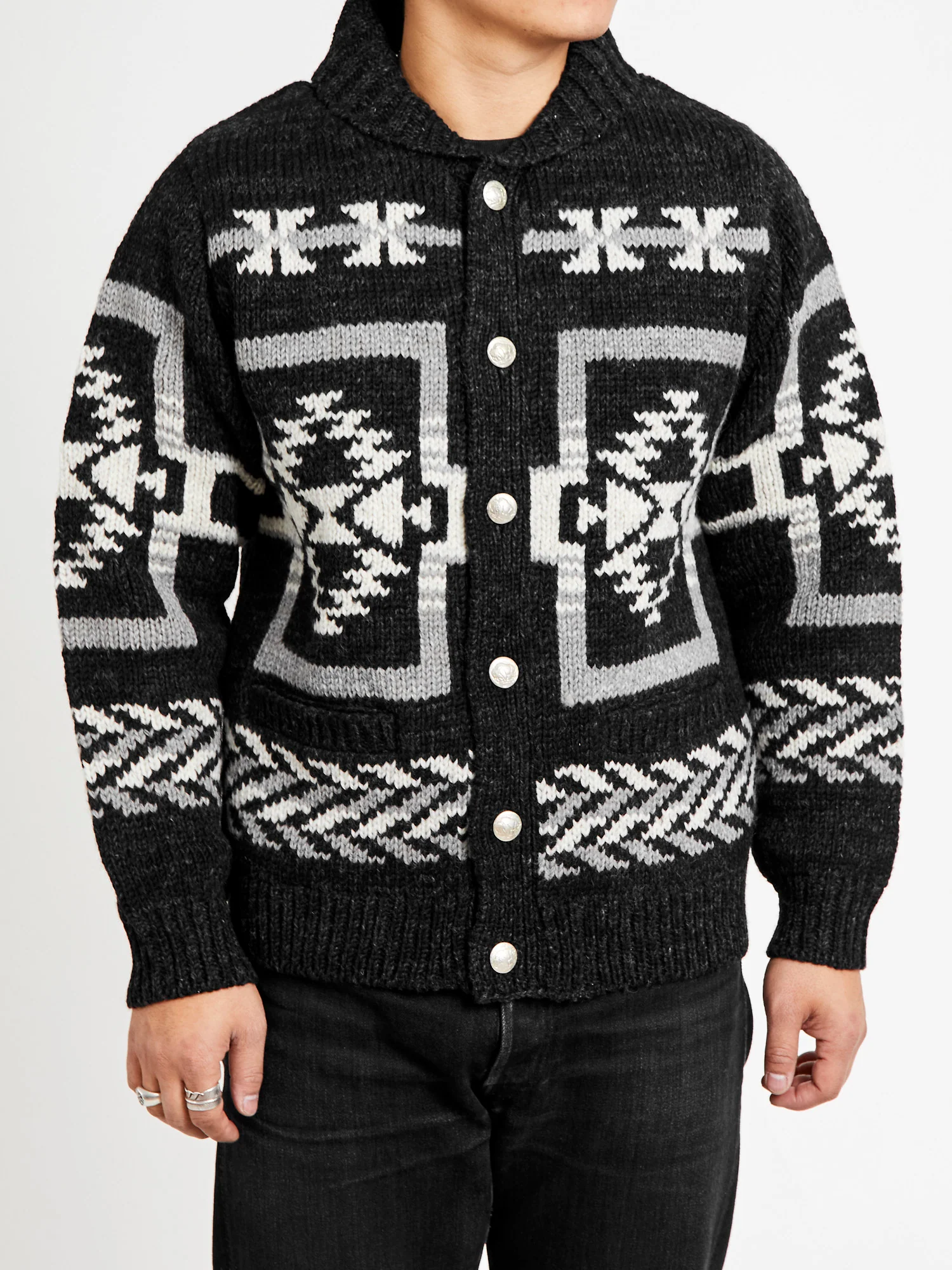 Cowichan Knit Cardigan Sweater in Black - Image 2