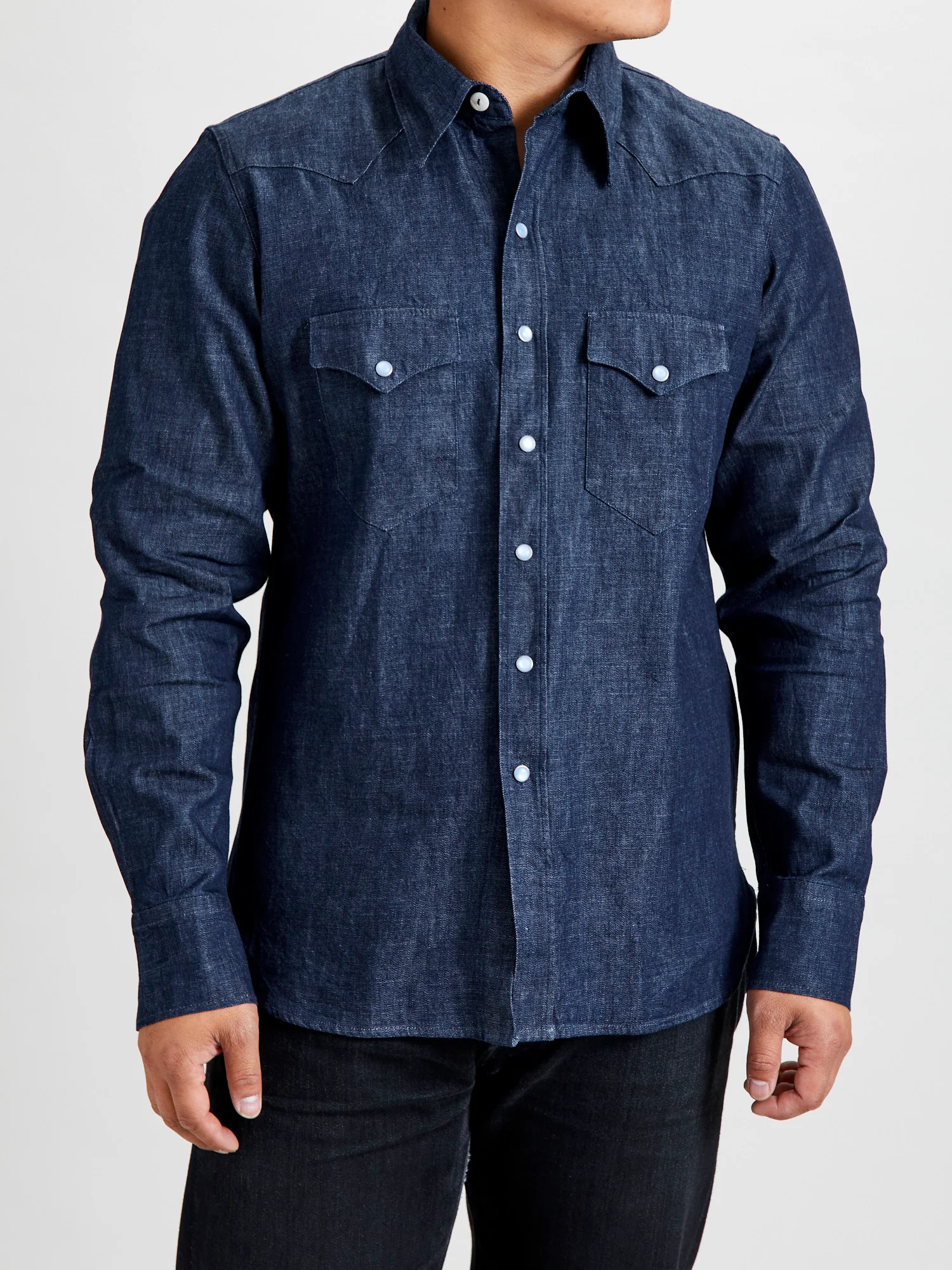 Denim Pearl Snap Shirt in Rinsed Indigo - Image 2