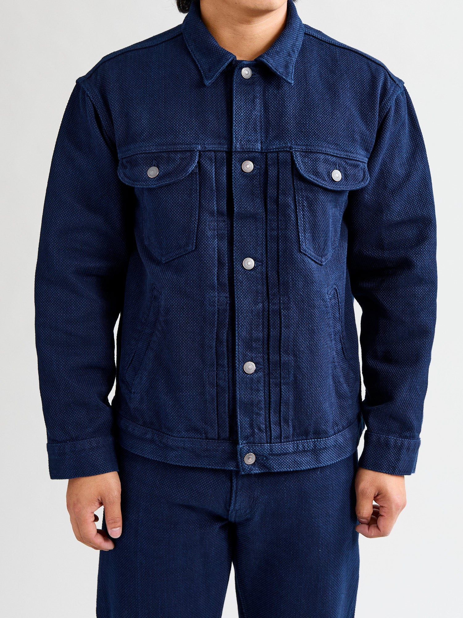 Double Cloth Sashiko Trucker Jacket in Hand Dyed Indigo - Image 2