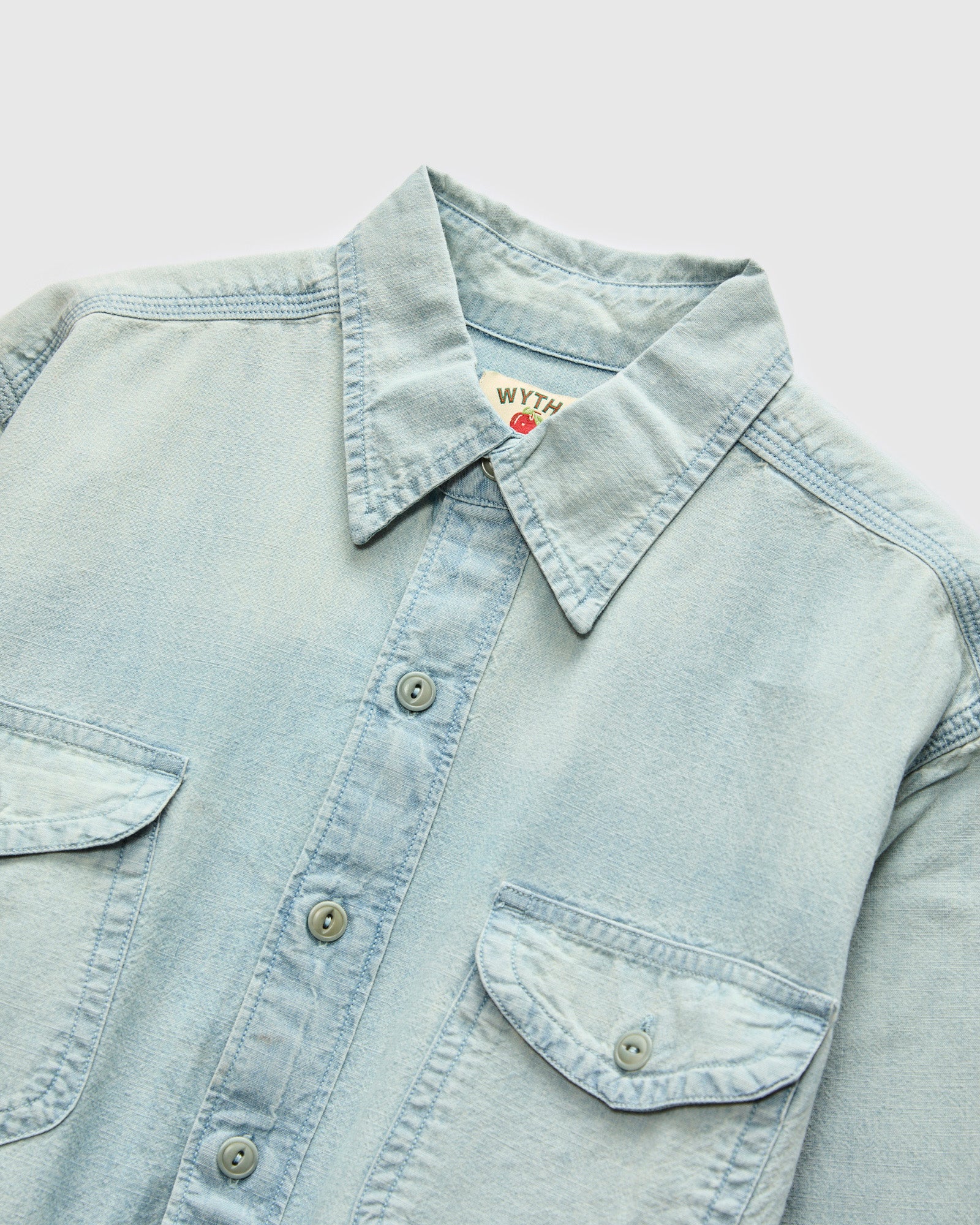 Embroidered Chambray Workshirt in Sunfaded Indigo - Image 4