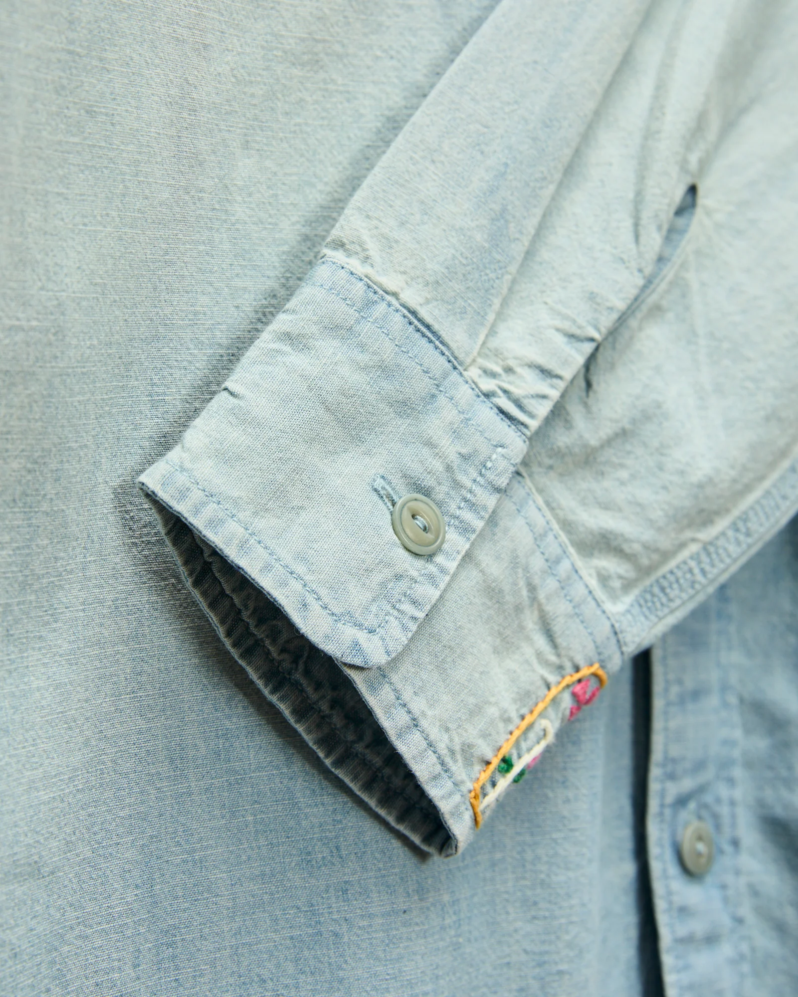 Embroidered Chambray Workshirt in Sunfaded Indigo - Image 7