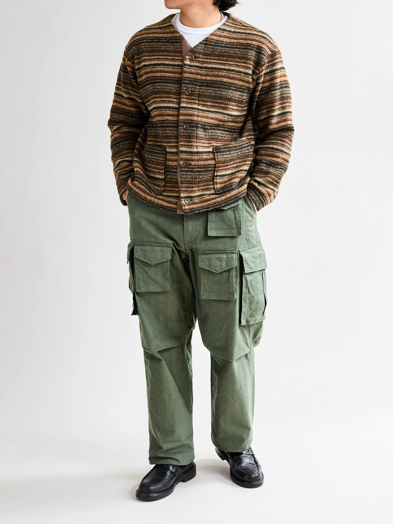 Fair Isle Knit Cardigan Sweater in Brown Stripe - Image 10
