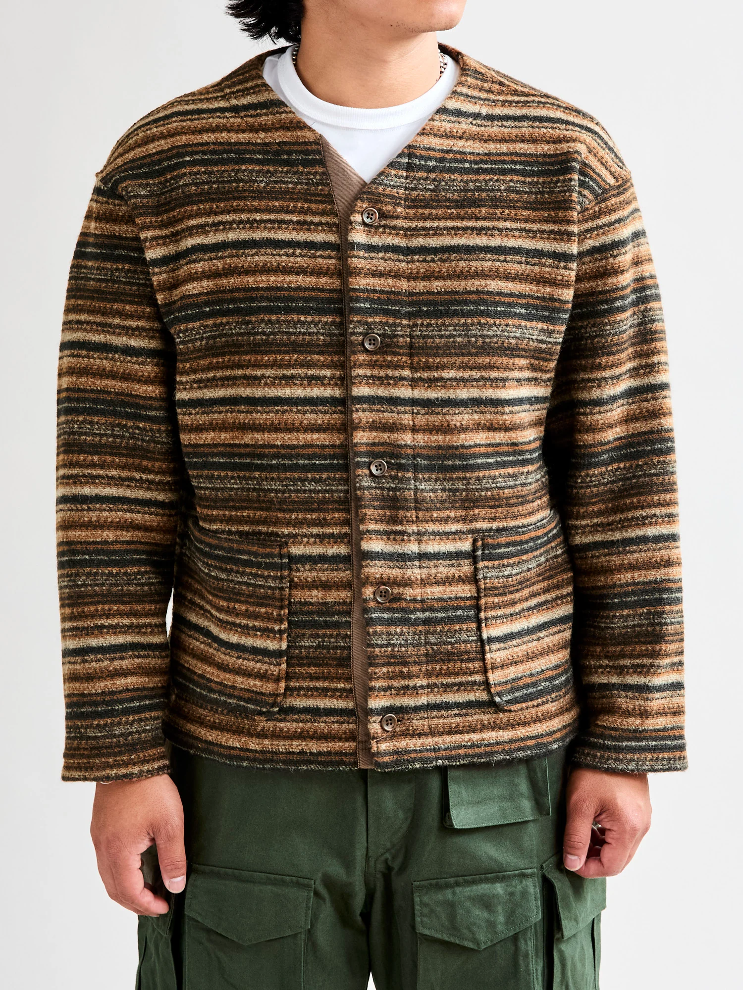 Fair Isle Knit Cardigan Sweater in Brown Stripe - Image 2