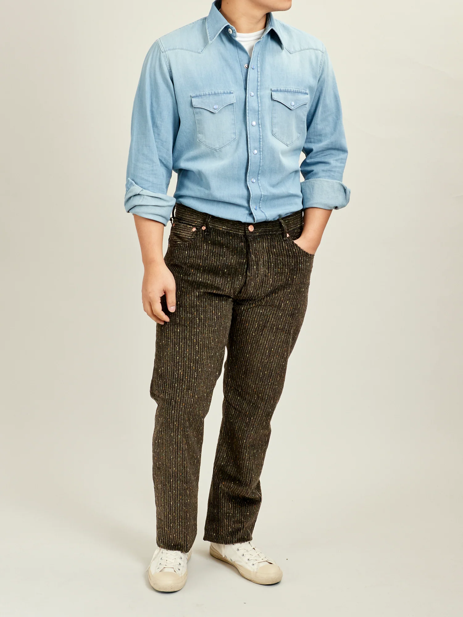 Donegal Corduroy Five Pocket Trousers in Mossy Green - Image 11