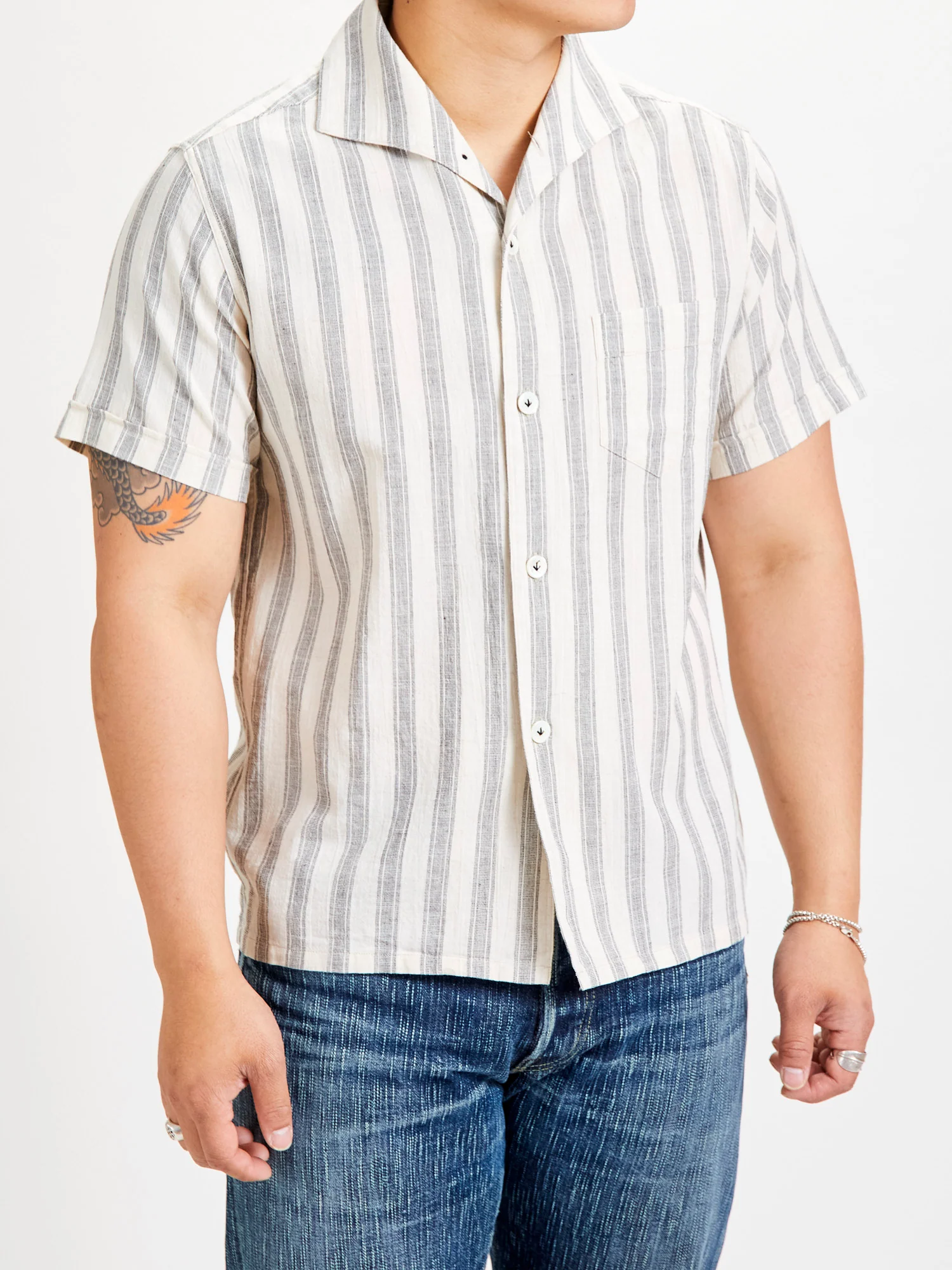 Linen Italian Collar Shirt in White Stripe - Image 2