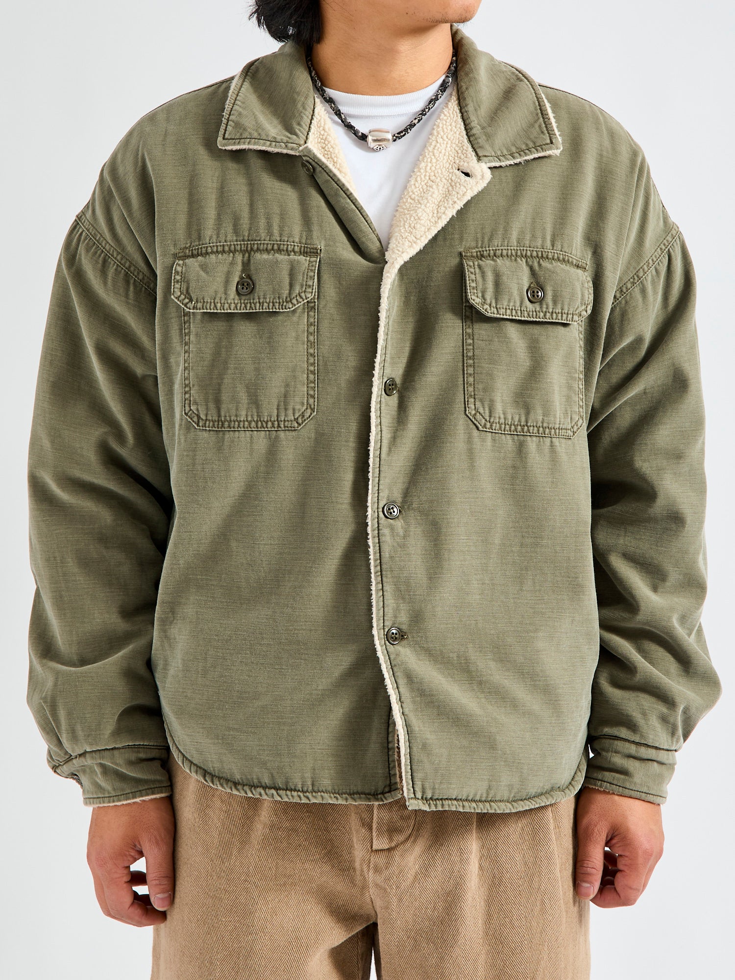 Military Boa Shirt Jacket in Khaki - Image 2
