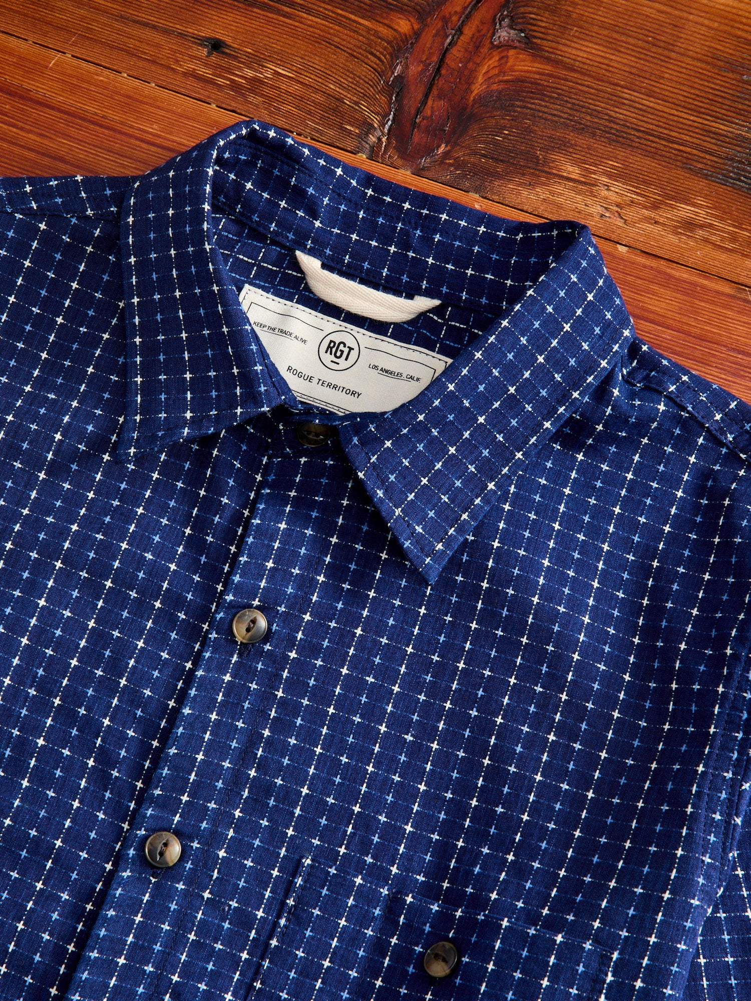 "Sashiko Grid" Oxford Shirt in Indigo - Image 3