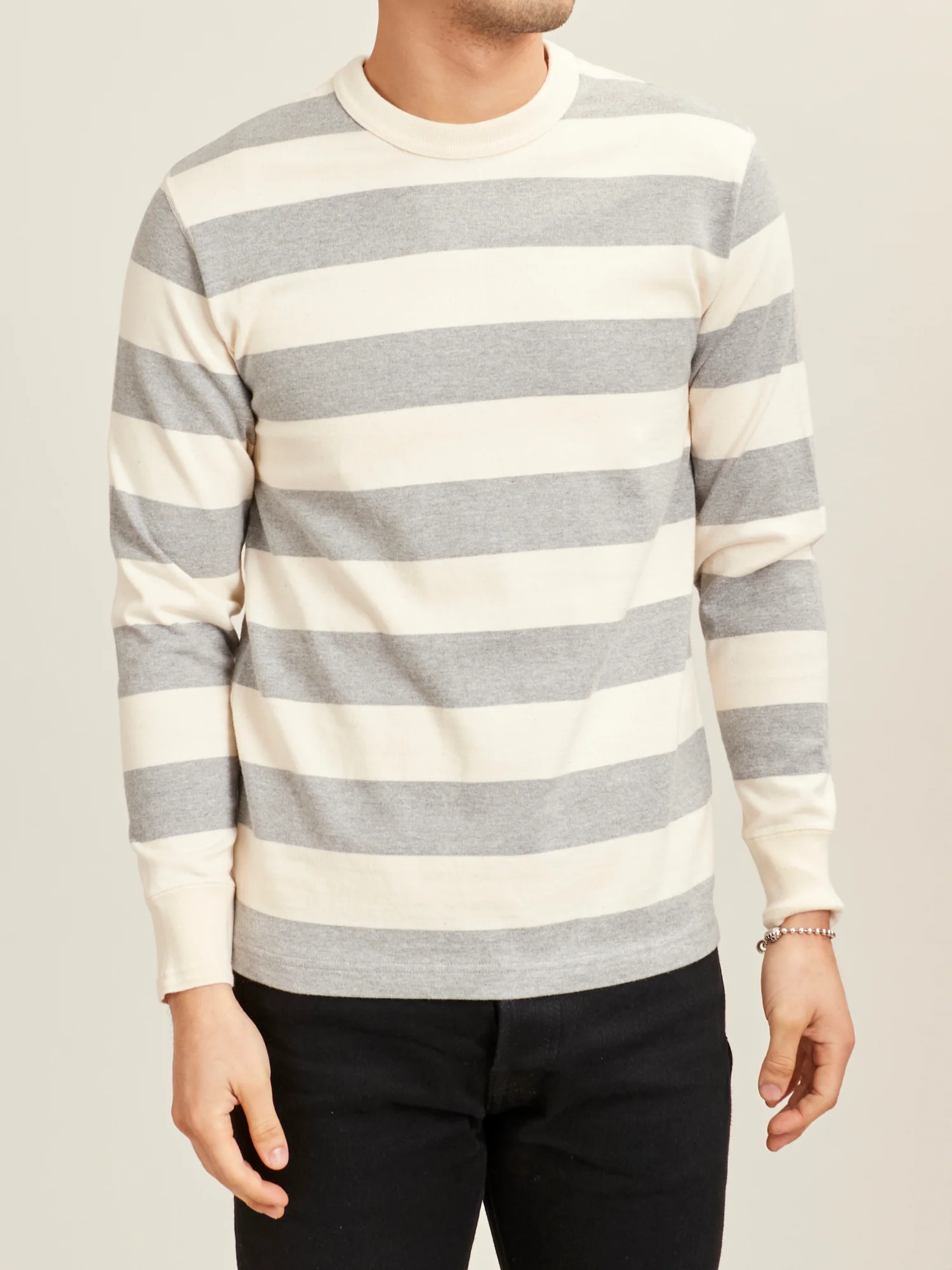 Striped Border Long Sleeve T-Shirt in Heather Grey - Image 2